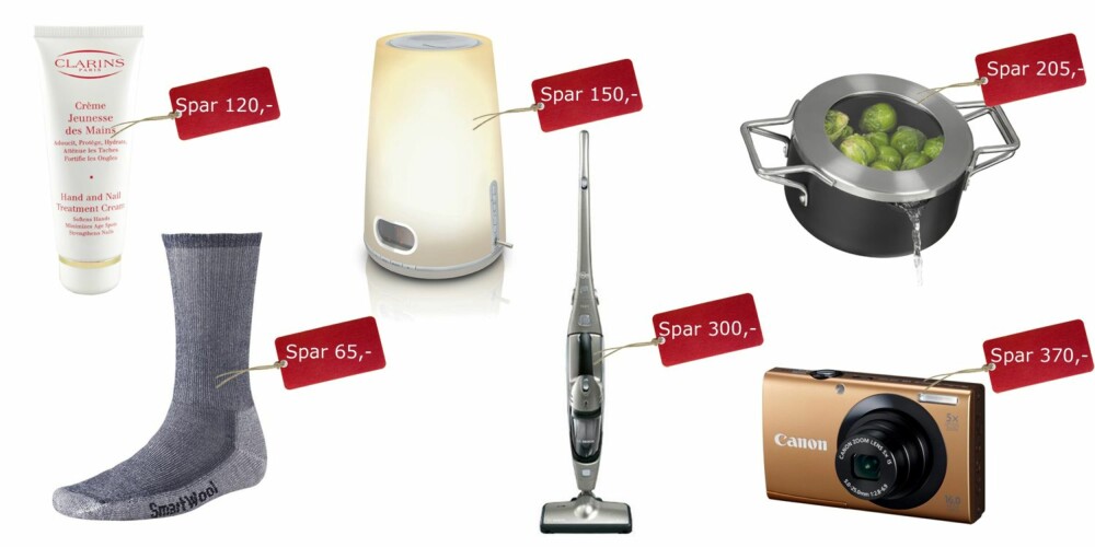 BESTEFORELDRE: Clarins Hand & Nail, veil pris 290,-, Feelunique.com, 170,-, Philips Wakeuplight, veil pris 699,-, Elkjop.no, 549,-, OBH Nordica gryte, veil pris 799,-, Kompletthome.no, 594,-, Smartwool Hiking Medium, veil pris 199,-, Ebay.com, 135,-, Bosch støvsuger, veil pris 1199,-, Flust.no, 899,-, Canon Powershot A3400, veil pris, 990,-, Cdon.no, 620,- BESTEFORELDRE: Clarins Hand & Nail, veil pris 290,-, Feelunique.com, 170,-, Philips Wakeuplight, veil pris 699,-, Elkjop.no, 549,-, OBH Nordica gryte, veil pris 799,-, Kompletthome.no, 594,-, Smartwool Hiking Medium, veil pris 199,-, Ebay.com, 135,-, Bosch støvsuger, veil pris 1199,-, Flust.no, 899,-, Canon Powershot A3400, veil pris, 990,-, Cdon.no, 620,-
