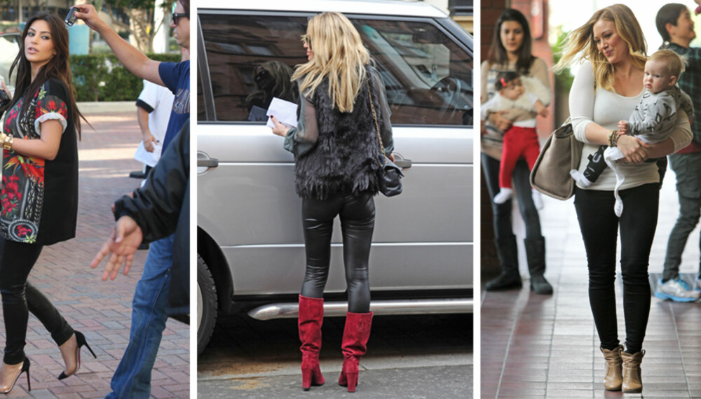 KJENDISPLAGG: Trendsetterne i Hollywood har også omfavnet trenden. Slik bruker Kim Kardashian, Sarah Harding og Hilary Duff leggings.