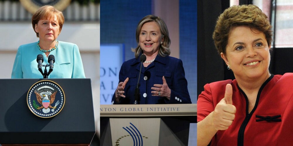 MEKTIGE KVINNER: Fra venstre: Angela Merkel, Hillary Clinton og Dilma Rousseff.