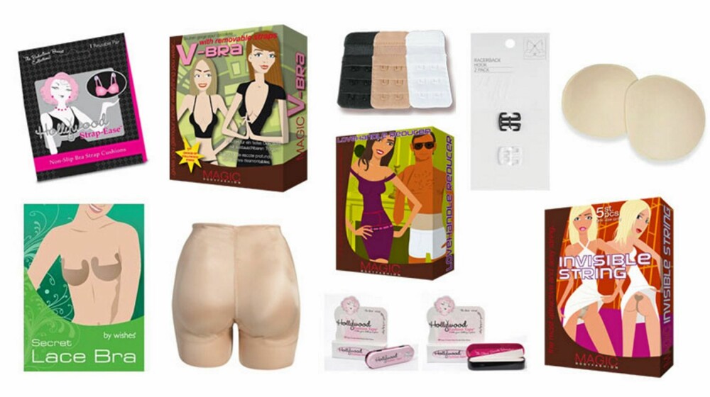 HEMMELIGE TRIKS: Disse undertøys-duppedittene kan fikse det meste. (F:v.) Klistre-bh fra Underwearsolutions.com (ca.160 kr), Hollywood Strap Ease skulderbeskyttere fra bubbleroom.no (99 kr), polstret truse fra Spanx/Nelly.com (995 kr), V-bra fra Magic (445 kr), Hollywood Fashion Tape fra Nelly.com (99 kr), Love Handle Reducer fra Magic (295 kr), bh-forlenger fra Magic (145 kr), bh-klips fra H&M (29,50 kr), usynlig stringtruse fra Magic (135 kr for 3-pk), rumpeinnlegg (booty pads) fra Siliconebody.com (ca. 450 kr). HEMMELIGE TRIKS: Disse undertøys-duppedittene kan fikse det meste. (F:v.) Klistre-bh fra Underwearsolutions.com (ca.160 kr), Hollywood Strap Ease skulderbeskyttere fra bubbleroom.no (99 kr), polstret truse fra Spanx/Nelly.com (995 kr), V-bra fra Magic (445 kr), Hollywood Fashion Tape fra Nelly.com (99 kr), Love Handle Reducer fra Magic (295 kr), bh-forlenger fra Magic (145 kr), bh-klips fra H&M (29,50 kr), usynlig stringtruse fra Magic (135 kr for 3-pk), rumpeinnlegg (booty pads) fra Siliconebody.com (ca. 450 kr).