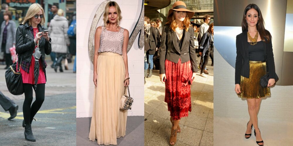 VARIASJONER: Uansett hvilken stil du har kan du bruke et foldeskjørt. Her ser du fire ulike måter å style det på. Fearne Cotton satser på en rocka variant. Kate Bosworth er elegant i sitt lange, pastellfargede skjørt, Olivia Palermo går for en casual stil med et trekvart-langt skjørt og stor hatt, mens Emmy Rossum spriter opp en klassisk stil med et gullfarget eksemplar av trendskjørtet. VARIASJONER: Uansett hvilken stil du har kan du bruke et foldeskjørt. Her ser du fire ulike måter å style det på. Fearne Cotton satser på en rocka variant. Kate Bosworth er elegant i sitt lange, pastellfargede skjørt, Olivia Palermo går for en casual stil med et trekvart-langt skjørt og stor hatt, mens Emmy Rossum spriter opp en klassisk stil med et gullfarget eksemplar av trendskjørtet.