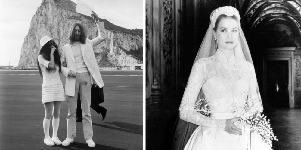 YOKO OG GRACE: Yoko Ono valgte en veldig inspirert av tiden minikjole da hun sa ja, mens prinsesse Grace av Monaccos kjole regnes den dag i dag som en av de vakreste brudekjolene verden har sett.