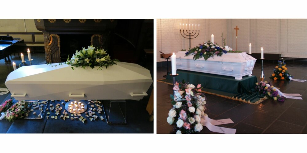 NYTT: Kisten til venstre er dekorert på mer moderne vis med stearinlys og roseblader under. Kisten til høyre har mer tradisjonell pynt. FOTO: M. Jacobsens Eftf Begravelsesbyrå 