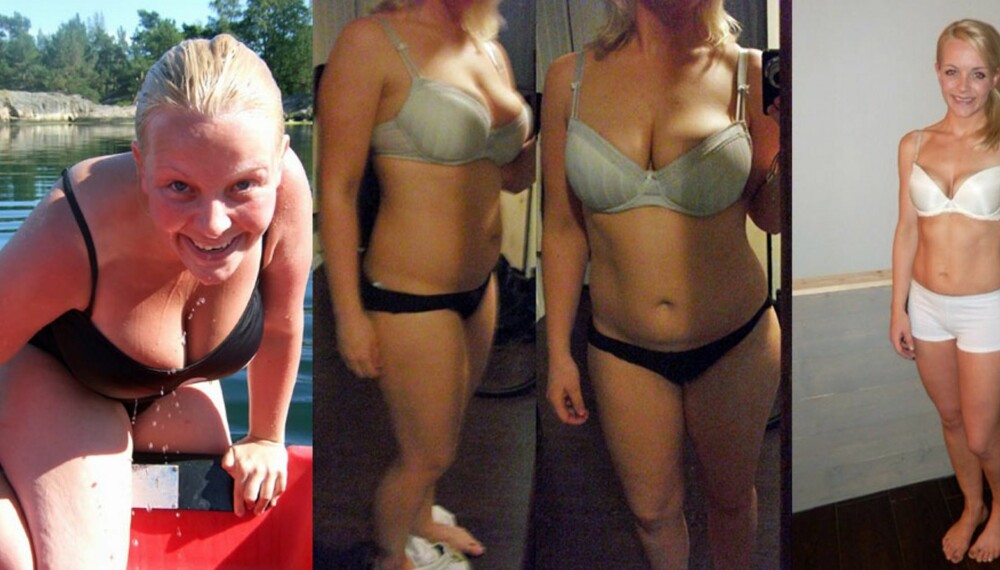 GRADVIS VEKTNEDGANG: Helene brukte god tid på å nå sin matchvekt. Fra venstre veier hun 90 kilo, på bildene i midten er hun nede på 75 kilo, og på bildet helt til høyre veier hun 60 kilo, som var målet.