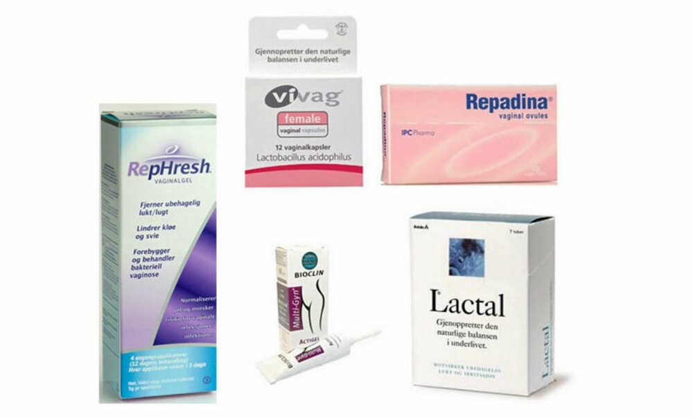 MOT UBEHAG I SKJEDEN: Rephresh vaginalgel, 199 kr, Vivag Vaginalkapsler, 169 kr, Multi Gyn Actigel, 212 kr, Repadina Plus Vagitorier, 229 kr, Lactal Vaginal Gel, 184 kr.