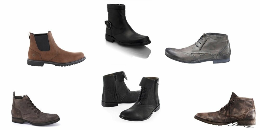 SKO: Nederst til venstre: Tommy Hilfiger, 1699 kr, over: Timberland, 1399 kr, øverst i midten: Rockport, 1499 kr, under: Soft Grey, 769 kr, nederst til høyre: Diesel, 2299 kr, over: Kickers,1499 kr.