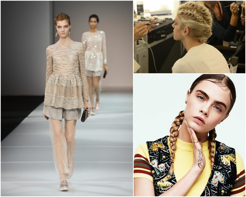 FLETTETRENDER: Frisør og hårstylist, Eva Lill Kristengård fra Adam og Eva Grensen, har stor tro på Giorgio Armani sine 'corn-rows', til venstre og øverst på bildet, samt DKNY og Cara Delevingne sine wet-look hip hop-fletter nederst til høyre.