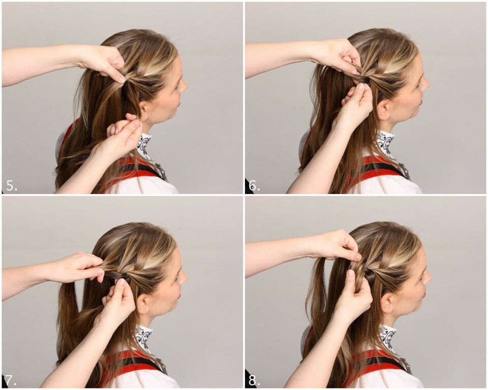 SLIK GJØR DU: 5. Føy håret sammen med den venstre delen og kryss over den midtre, 6. Slipp høyredelen, plukk opp hår under fletten for å skape en ny høyredel, og kryss denne over den midtre, 7. Plukk opp hår over fletten, 8. Føy håret sammen med den venstre del og kryss over den midtre.