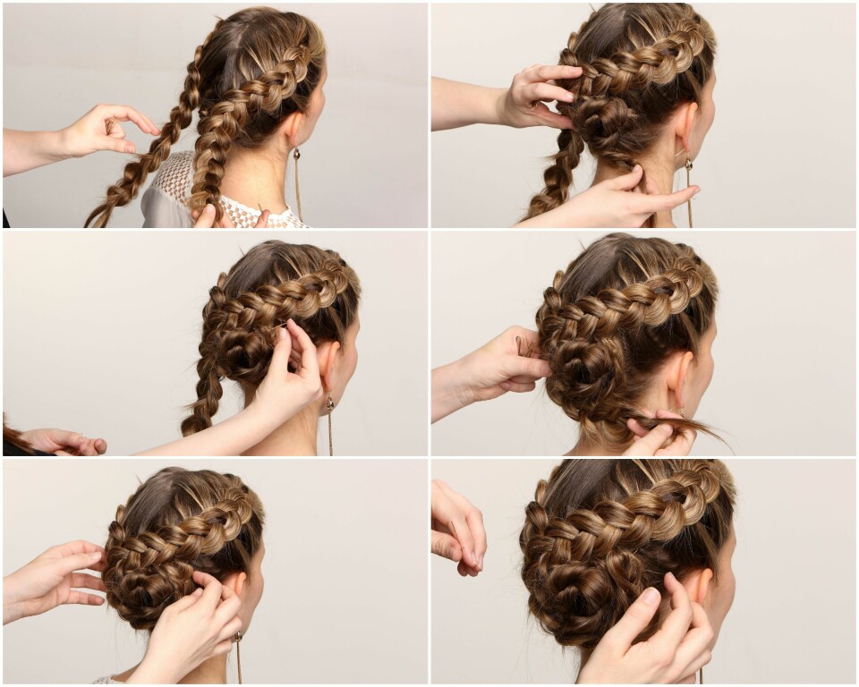 SLIK GJØR DU: Gjenta trinn 5-12 på motsatt side. Kryss flettene rundt taufletten, fest og gjem endene med hårnåler.