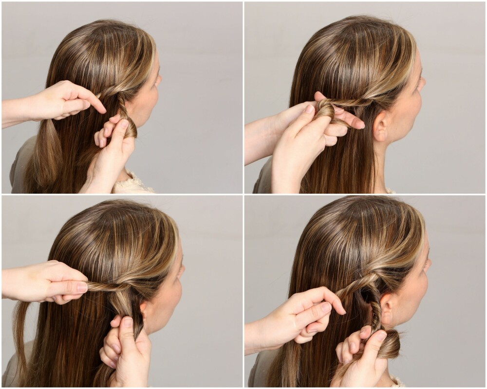 SLIK GJØR DU: Plukk opp hår og føy sammen med høyre del, drei den høyre delen mot høyre og kryss over den venstre. Gjenta trinnet og plasser fletten nær hårfestet hele veien bort mot venstre øre.