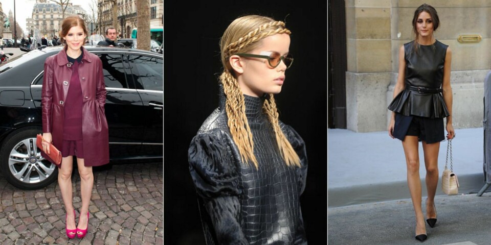 SKINN PÅ ALT: Kate Mara viser frem to sterke trender for høsten; skinn og burgunder, Fendis høst/vinter-kolleksjon er fylt med skinn, og Olivia Palermo velger skinn på sin tulipantopp.