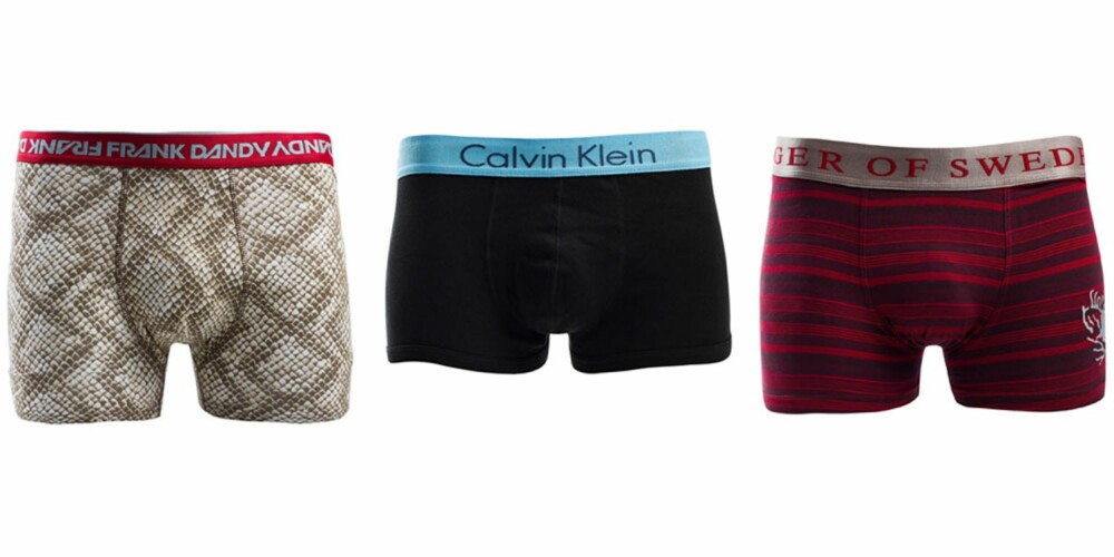 UNDERTØY: Fra venstre: Frank Dandy, 199 kr, Calvin Klein, 299 kr, Tiger Of Sweden, 249 kr. UNDERTØY: Fra venstre: Frank Dandy, 199 kr, Calvin Klein, 299 kr, Tiger Of Sweden, 249 kr.