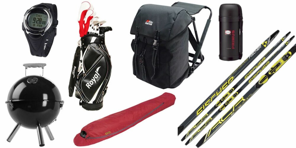 FRITID: Pulsklokke med skritteller fra Clas Ohlson ,499 kr , komplett hybrid golfsett 13 køller med trallebag,3795 kr, kulegrill fra Picnic, 249 kr, Ajungilak sommersovepose, 699 kr, AbuGarcia Stolsekk Basic, 389 kr, Primus Mattermos 1,5 liter,199 kr, Fischer RCR Classic Med Stiff langrennski,2999 kr. FRITID: Pulsklokke med skritteller fra Clas Ohlson ,499 kr , komplett hybrid golfsett 13 køller med trallebag,3795 kr, kulegrill fra Picnic, 249 kr, Ajungilak sommersovepose, 699 kr, AbuGarcia Stolsekk Basic, 389 kr, Primus Mattermos 1,5 liter,199 kr, Fischer RCR Classic Med Stiff langrennski,2999 kr.