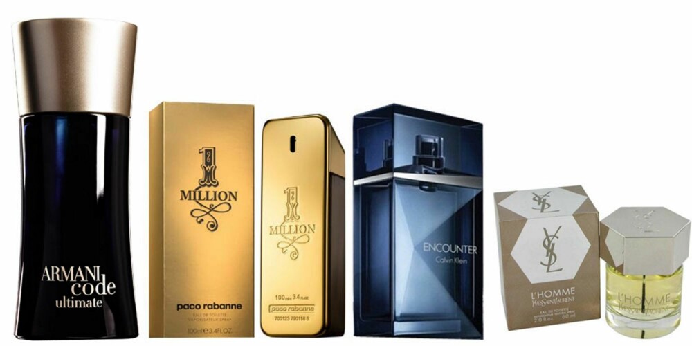 DUFT: Fra venstre: Armani Code Ultimate,665 kr, Paco Rabanne 1 Million, 500 kr, Calvin Klein Encounter,545 kr, Yves Saint Laurent,499 kr.