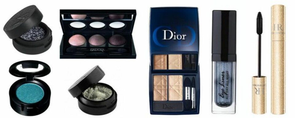 TIL ØYNE: Glitter fra MakeupStore i Scorpio, 95,-, Pudderskygge fra Mac i Shimmermoss, 160,-, Skyggetrio fra Isadora i Cool Browns, 145,-, MakeupStore Eyedust i Mercury, 135,-, Dior Nude Glow Duo, 395,-, Kicks eyeliner i Skyline, 99,-, Helena Rubinstein Lash Queen Celebration Mascara med gullpartikler, 305,-.