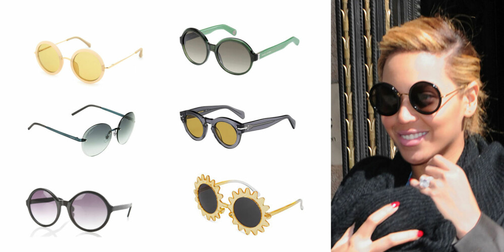 RUNDE FORMER: (Øverst fra venstre) Runde, gule briller fra The Row/Mytheresa.com (ca. 2450 kr), sort og grønt fra Marc Jacobs/Krogh Optikk (2698 kr), blå og stilrene briller fra Gucci/Krogh Optikk (3598 kr), runde briller fra Celine/Krogh Optikk (3118 kr), sort variant fra Gina Tricot (79 kr), kreativ innfatning fra H&M (69,50 kr).