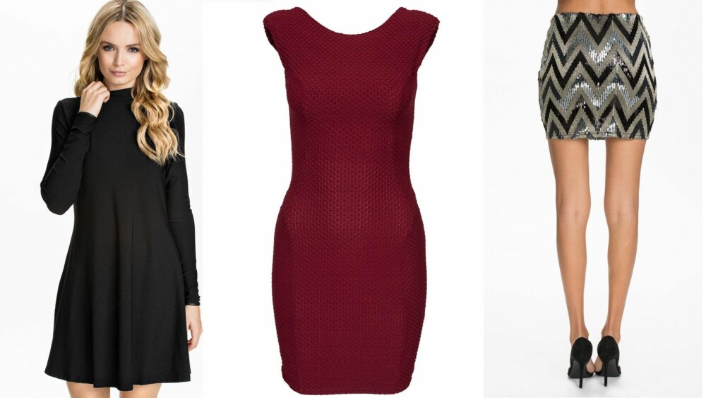 NØKKELPLAGG: Den lille sorte, 349 kr fra River Island, rød kjole, 199 kr fra  Club L Essentials, paljettskjørt, 399 kr NLY Trend. 