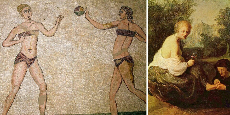 KVINNEKROPPER: Til venstre er mosaikker fra tidlig 300-tallet. Maleriet til høyre er sannsynligvis malt av Rembrandt. Motivet er David som ser Bathseba bade.