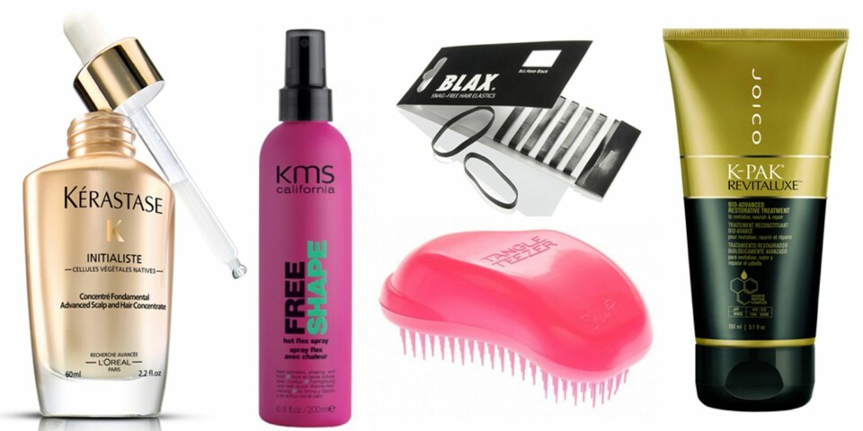 HÅRBESKYTTELSE: Fra venstre: Kérastase Initialiste serum for hår og hodebunn, 395,-, KMS California Freeshape Hot Flex Spray, 149,-, Blax hårstrikker uten metallfeste, 79,-, Tangle Tweezer skånsom hårbørste, 149,-, Joico K-Pak Revitaluxe, 299,-.