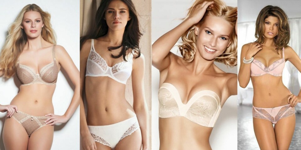 DUST OG SØTT: Trenden som varer fremover. Fra venstre: Stringtruse fra Freya, 199 kr, blonde-bh fra Triumph, 249 kr, vattert og stroppløs bh fra wonderbra, 599 kr, undertøyssett fra Lingeributikken.no, 199 kr.