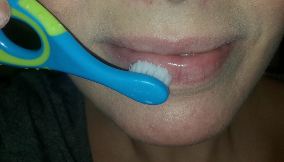 LEPPESKRUBB: Før du legger første lag med leppestift, kan du bruke en babytannkost til å skrubbe leppene dine med. FOTO: Linn M. Rognø.