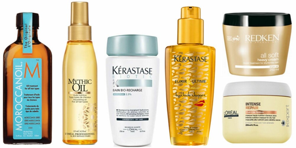 TIL TØRT HÅR: Morroccanoil, 299,-, L'Oréal Professionnel Mythic Oil, 255,-, Kérastase Biotic Bain Bio-Recharge Hydrating Shampoo, 265,-, Kérastase Elixir Ultime Jade Jagger Edition, 295,-, Redken All Soft Heavy Masque, 414,-, L'Oréal Professionnel Série Expert Intense Repair Masque, 255,-.