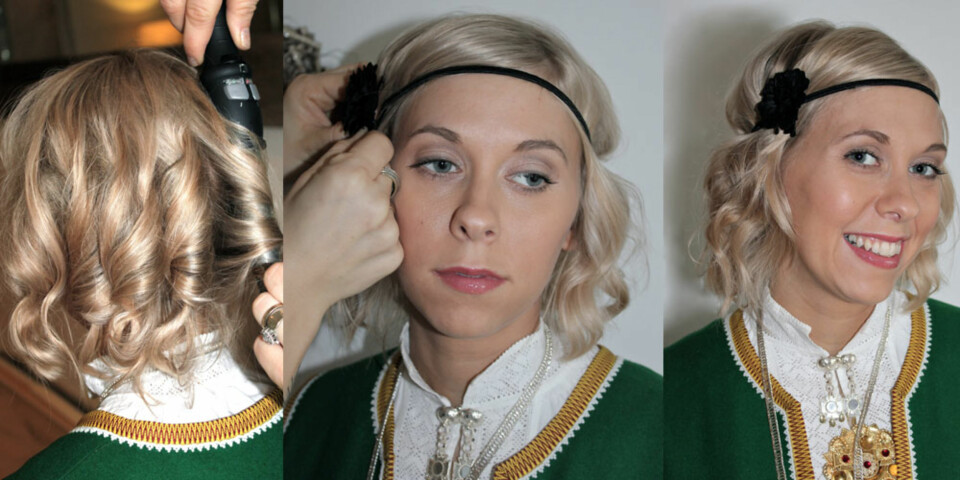 BÅND. Begynn med å krølle håret med krøllstav. Ønsker man mye krøller deler man håret inn i tynnere paséer. Plasser et hårbånd som en krans rundt hodet og brett håret inn i båndet. Til denne frisyren er det viktig med varmebeskyttende produkter og produkter med hold. Utstyr: Krøllstav, naturbørste og hårbånd.