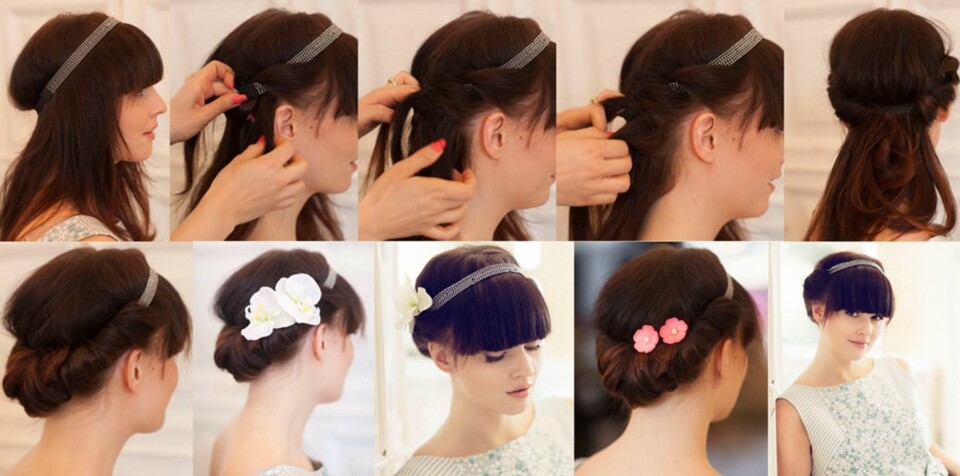 HÅRBÅND OG TILBEHØR: Har du hårbånd har du også flere muligheter til å pynte topplokket. Se så enkelt det kan gjøres, fest gjerne noen spenner med pynt på i siden.