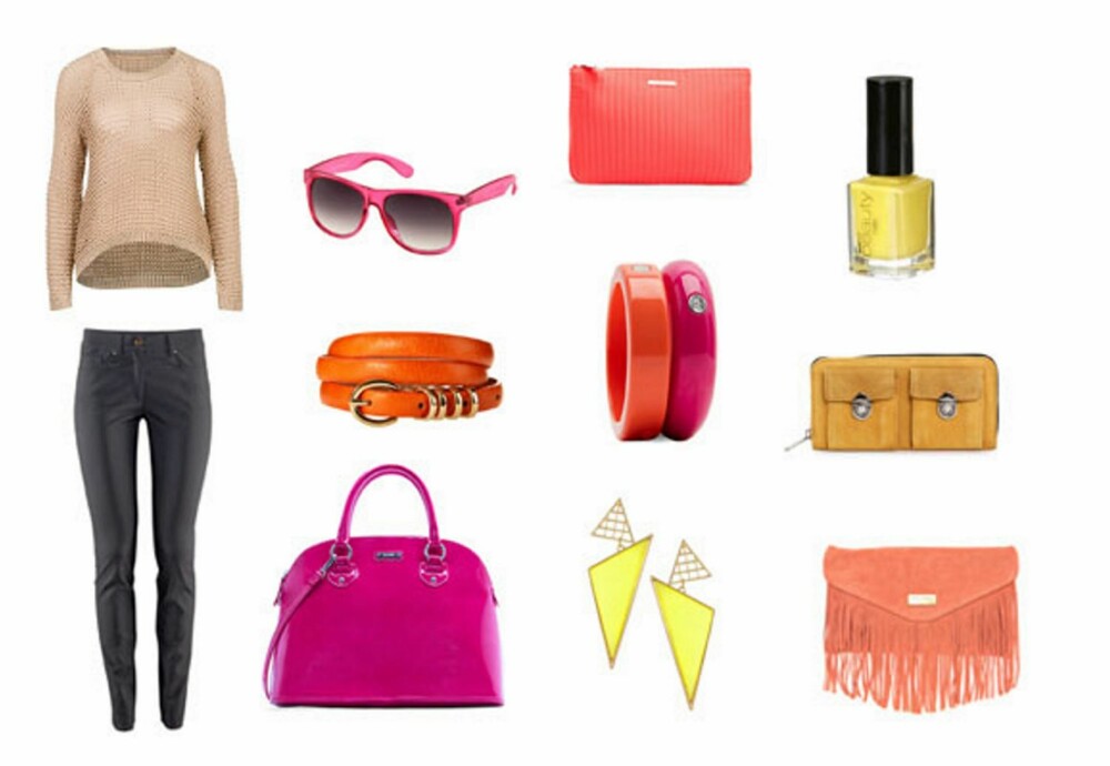 FARGEFEST: Bukse fra H&M (299 kr), genser fra BikBok (399 kr), rosa veske fra Mango (499 kr), belte fra Asos.com (ca.350 kr), solbriller fra H&M (49 kr), gule øredobber fra Asos.com (ca.90 kr), armbånd fra Mango (89 kr). veske fra Mango (129 kr), gul neglelakk fra Gina Tricot (39 kr), gul veske fra Nelly.com (499 kr), veske fra Asos.com (ca. 280 kr). FARGEFEST: Bukse fra H&M (299 kr), genser fra BikBok (399 kr), rosa veske fra Mango (499 kr), belte fra Asos.com (ca.350 kr), solbriller fra H&M (49 kr), gule øredobber fra Asos.com (ca.90 kr), armbånd fra Mango (89 kr). veske fra Mango (129 kr), gul neglelakk fra Gina Tricot (39 kr), gul veske fra Nelly.com (499 kr), veske fra Asos.com (ca. 280 kr).