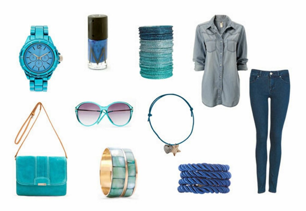 HINT AV SOMMER: Turkis veske fra Mango (599 kr), klokke fra Asos.com (ca. 270 kr), neglelakk fra Makeup Store, solbriller fra Mango (299 kr), armbånd fra Mango (89 kr), blått armbånd fra Asos.com (ca.120 kr), kjede fra Pieces (49,95 kr), armbånd fra Asos.om (75 kr), skjorte fra Gina Tricot (199 kr), jeans fra BikBok (299 kr). HINT AV SOMMER: Turkis veske fra Mango (599 kr), klokke fra Asos.com (ca. 270 kr), neglelakk fra Makeup Store, solbriller fra Mango (299 kr), armbånd fra Mango (89 kr), blått armbånd fra Asos.com (ca.120 kr), kjede fra Pieces (49,95 kr), armbånd fra Asos.om (75 kr), skjorte fra Gina Tricot (199 kr), jeans fra BikBok (299 kr).
