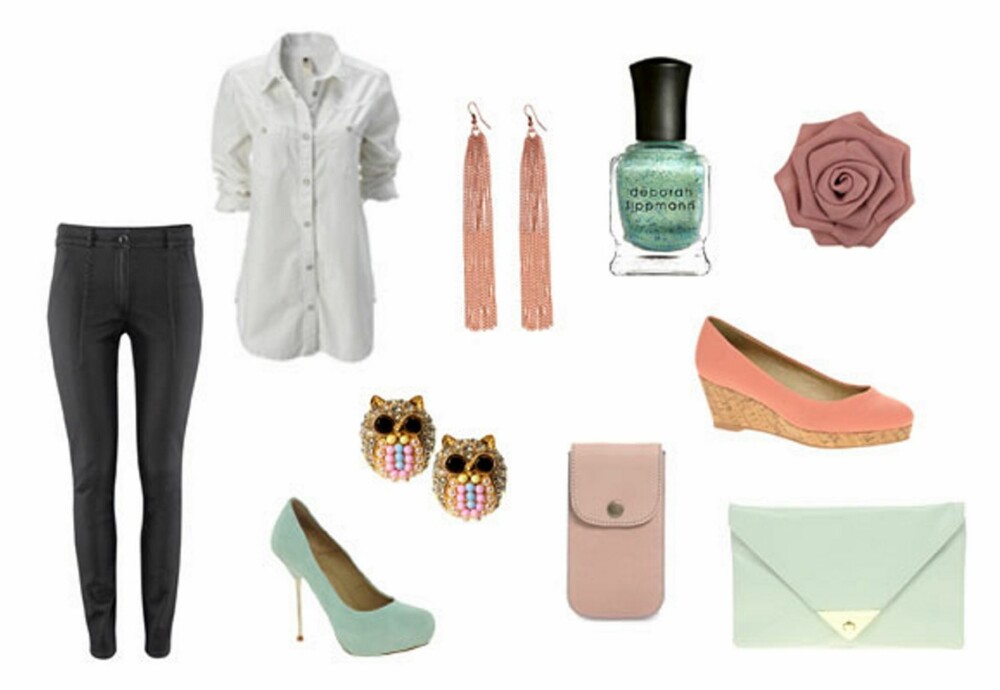 FORSIKTIGE FARGER: Bukse fra H&M (99 kr), skjorte fra Gina Tricot (199 kr), pumps fra Asos.com (ca. 600 kr), øredobber fra Asos.com (ca. 90 kr), mobilveske fra Pieces (199 kr), øredobber fra Pieces (59,95 kr), neglelakk fra Deborah Lippman (179 kr), sko med kilehæl fra Asos.com (ca. 220 kr), clutch fra Asos.com (ca.120 kr), rose fra Pieces (99,95 kr). FORSIKTIGE FARGER: Bukse fra H&M (99 kr), skjorte fra Gina Tricot (199 kr), pumps fra Asos.com (ca. 600 kr), øredobber fra Asos.com (ca. 90 kr), mobilveske fra Pieces (199 kr), øredobber fra Pieces (59,95 kr), neglelakk fra Deborah Lippman (179 kr), sko med kilehæl fra Asos.com (ca. 220 kr), clutch fra Asos.com (ca.120 kr), rose fra Pieces (99,95 kr).