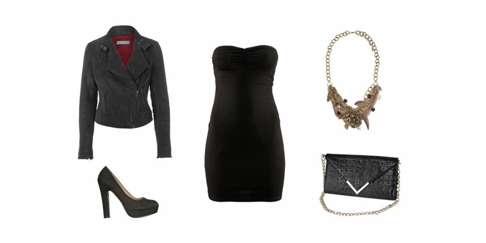 FEST: Sort skinnjakke fra Samsøe Samsøe(3900 kr), pumps fra Din Sko 8299 kr), kjole fra H&M (99 kr), kjede fra MI LAJKI/Nelly.com (149 kr),veske fra Gina tricot (199 kr). FEST: Sort skinnjakke fra Samsøe Samsøe(3900 kr), pumps fra Din Sko 8299 kr), kjole fra H&M (99 kr), kjede fra MI LAJKI/Nelly.com (149 kr),veske fra Gina tricot (199 kr).