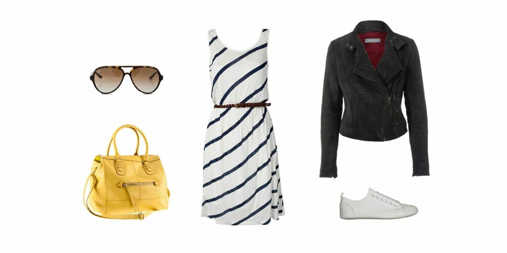 KAFÉTUR: Veske fra H&M (299 kr), solbriller fra RayBan/Nelly.com (1495 kr), kjole fra Byoung/Nelly.com (399 kr), skinnjakke fra Samsøe Samsøe (3900 kr), sko fra Din Sko (299 kr). KAFÉTUR: Veske fra H&M (299 kr), solbriller fra RayBan/Nelly.com (1495 kr), kjole fra Byoung/Nelly.com (399 kr), skinnjakke fra Samsøe Samsøe (3900 kr), sko fra Din Sko (299 kr).