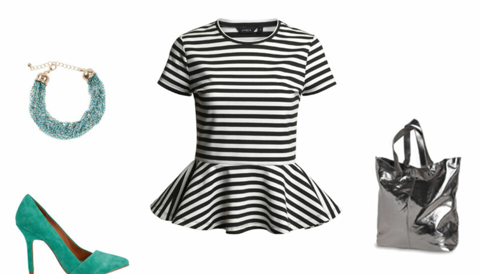 BUDSJETT: Knallfargede pumps fra Bianco, 699 kr, halskjede fra Bik Bok, 99 kr, tulipantopp fra Lindex, 199 kr, veske fra Lindex, 199 kr.