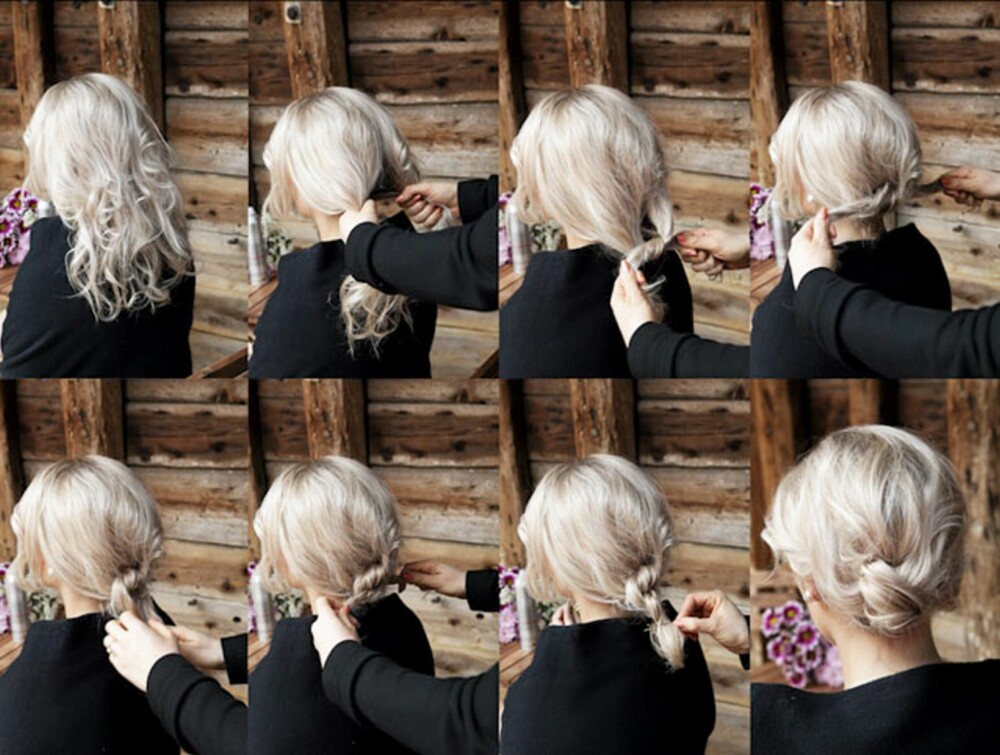 KNUTE STEG FOR STEG: Her ser du hvordan du kan sette opp håret i en lav knute bak i nakken. Hår: Sølvi Bjørnevoll.