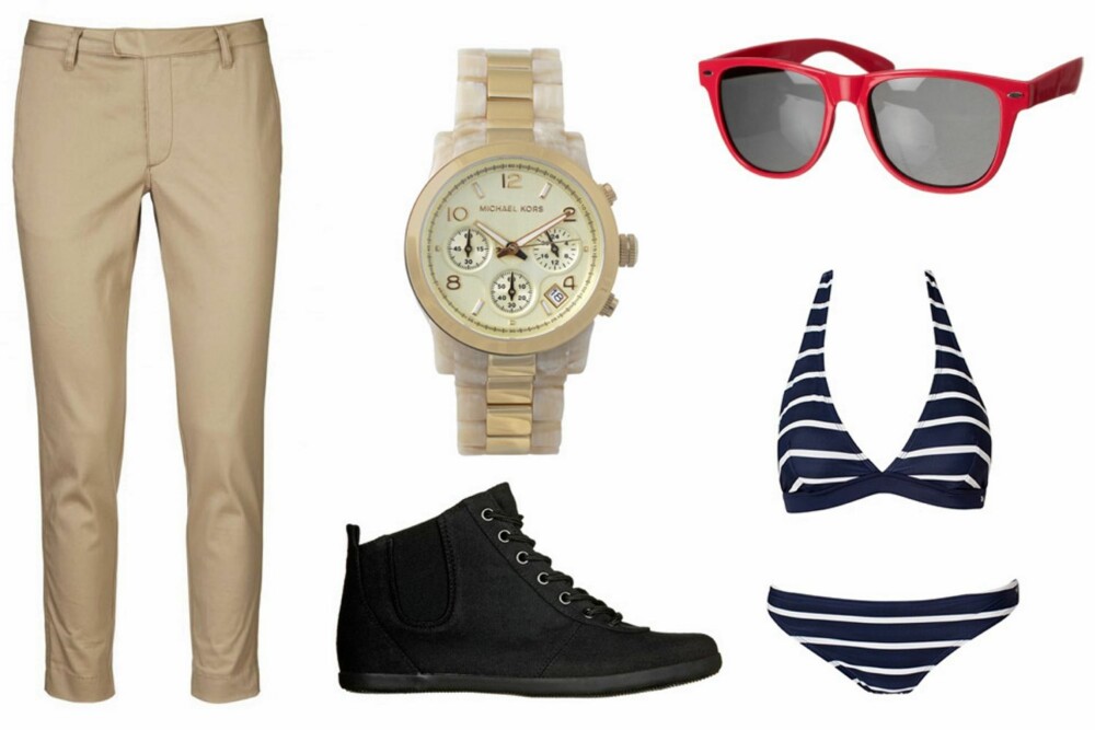 CASUAL: Bukse fra InWear, 699,-, Klokke fra Michael Kors/Asos.com, ca 2000,-, Sko fra Din Sko, 299,-, Solbriller fra Gina Tricot, 59,-, Bikini fra Tommy Hilfiger/Nelly.no, 699,-. CASUAL: Bukse fra InWear, 699,-, Klokke fra Michael Kors/Asos.com, ca 2000,-, Sko fra Din Sko, 299,-, Solbriller fra Gina Tricot, 59,-, Bikini fra Tommy Hilfiger/Nelly.no, 699,-.