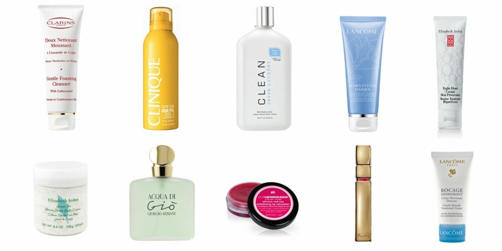 Clarins Gentle Foaming Cleanser: Dutyfree.no: 159,-, Taxfreeshop.net: 145,- . Clinique Sun Spray spf25: Dutyfree.no: 169,-, Strawberrynet.com: 144,-. Clean Fresh Laundry Soft Body Lotion: Dutyfree.no: 215,-, Strawberrynet.com: 133,50. Lancôme Masque Hydra Intense: Dutyfree.no: 217,-, Taxfreeshop.net: 190,-. Elizabeth Arden 8 Hour Cream 50ml: Dutyfree.no: 235,-, Strawberrynet.com: 133,50. Elizabeth Arden Green Tea Honey Drop Body Cream 250ml, Dutyfree.no: 205,-, Strawberrynet.com: 125,50. Acqua di Gio EdT 100ml: Dutyfree.no: 555,-; Taxfreeshop.net: 380,-. Ole Henriksen Lip Care African Red Tea Lip Salvation Balm: Dutyfree.no: 135,-, Beautybay.com: 97,-. Guerlain KissKiss Essence de Gloss: Dutyfree.no: 195,-, Strawberrynet.com: 171,50. Lancôme Bocage Deo Cream: Dutyfree.no: 149,-, Taxfreeshop.net: 137,-. Clarins Gentle Foaming Cleanser: Dutyfree.no: 159,-, Taxfreeshop.net: 145,- . Clinique Sun Spray spf25: Dutyfree.no: 169,-, Strawberrynet.com: 144,-. Clean Fresh Laundry Soft Body Lotion: Dutyfree.no: 215,-, Strawberrynet.com: 133,50. Lancôme Masque Hydra Intense: Dutyfree.no: 217,-, Taxfreeshop.net: 190,-. Elizabeth Arden 8 Hour Cream 50ml: Dutyfree.no: 235,-, Strawberrynet.com: 133,50. Elizabeth Arden Green Tea Honey Drop Body Cream 250ml, Dutyfree.no: 205,-, Strawberrynet.com: 125,50. Acqua di Gio EdT 100ml: Dutyfree.no: 555,-; Taxfreeshop.net: 380,-. Ole Henriksen Lip Care African Red Tea Lip Salvation Balm: Dutyfree.no: 135,-, Beautybay.com: 97,-. Guerlain KissKiss Essence de Gloss: Dutyfree.no: 195,-, Strawberrynet.com: 171,50. Lancôme Bocage Deo Cream: Dutyfree.no: 149,-, Taxfreeshop.net: 137,-.