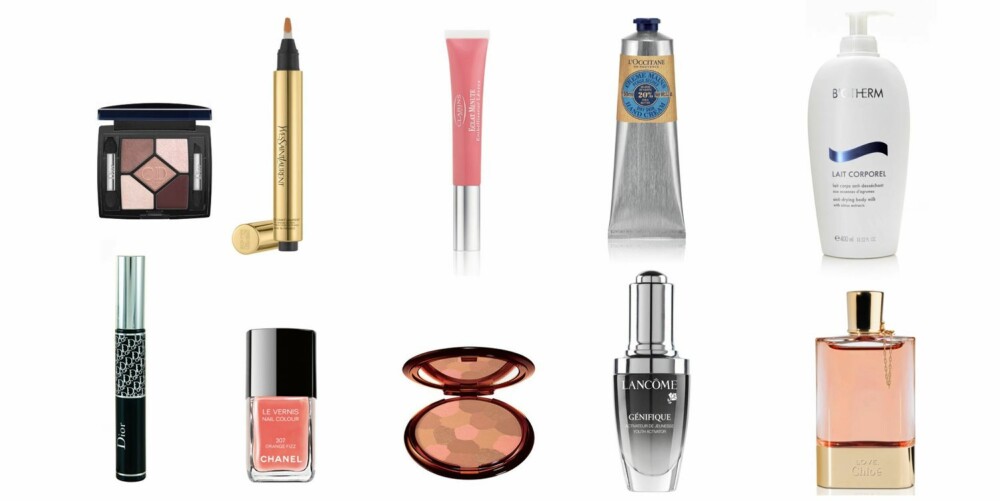 Christian Dior 5 Couleurs. Dutyfree: 359,-, Strawberrynet.com: 454,-. YSL Touche Eclat: Dutyfree: 239,-, Blivakker.no, 269,-. Clarins Instant Light Natural Lip Perfector: Dutyfree: 119,-, Feelunique.com: 176,-. L'occitane Shea Butter Hand Cream: Dutyfree: 169,-, Blush.no: 199,- (samme pris som butikk). Biotherm Lait Corporel 400ml: Dutyfree.no: 149,-. Beautyplanet.no: 205,-. Diorshow Mascara: Dutyfree.no: 205,-, Strawberrynet.com: 258,-. Chanel Vernis: Dutyfree.no: 155,-, Veil pris: 220,- (vanskelig tilgjengelig på nett). Guerlain Terracotta Bronzing Powder: Dutyfree.no: 319,-, Strawberrynet.com: 356,-. Lancôme Genifique Serum 30ml: Dutyfree.no: 445,-, Feelunique.com: 616,-. Chloé Love EdP 50ml: Dutyfree.no: 435,-, Parfymesalg.no: 524,- (435,- + frakt på 89,-) Christian Dior 5 Couleurs. Dutyfree: 359,-, Strawberrynet.com: 454,-. YSL Touche Eclat: Dutyfree: 239,-, Blivakker.no, 269,-. Clarins Instant Light Natural Lip Perfector: Dutyfree: 119,-, Feelunique.com: 176,-. L'occitane Shea Butter Hand Cream: Dutyfree: 169,-, Blush.no: 199,- (samme pris som butikk). Biotherm Lait Corporel 400ml: Dutyfree.no: 149,-. Beautyplanet.no: 205,-. Diorshow Mascara: Dutyfree.no: 205,-, Strawberrynet.com: 258,-. Chanel Vernis: Dutyfree.no: 155,-, Veil pris: 220,- (vanskelig tilgjengelig på nett). Guerlain Terracotta Bronzing Powder: Dutyfree.no: 319,-, Strawberrynet.com: 356,-. Lancôme Genifique Serum 30ml: Dutyfree.no: 445,-, Feelunique.com: 616,-. Chloé Love EdP 50ml: Dutyfree.no: 435,-, Parfymesalg.no: 524,- (435,- + frakt på 89,-)