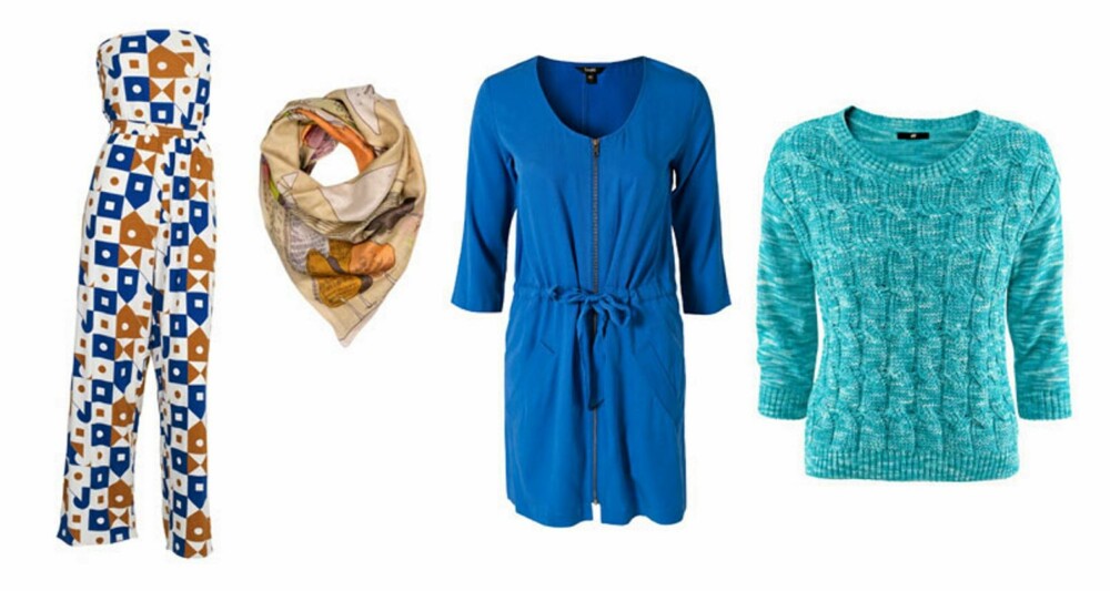 SHOPPINGINSPIRASJON: Mønstrede plagg og pastellfarger. Jumpsuit fra Nina Jarebrink, 2240 kr, skjerf fra Beck Söndergaard, 699 kr, kjole fra M By M, 799 kr, genser fra H&M, 299 kr.