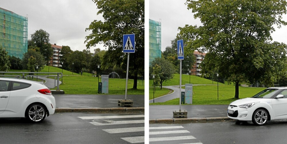 RIKTIG OG FEIL: Bilen til høyre på bildet har parkert ulovlig. Bilen til venstre står imidlertid helt lovlig. FOTO: Petter Handeland