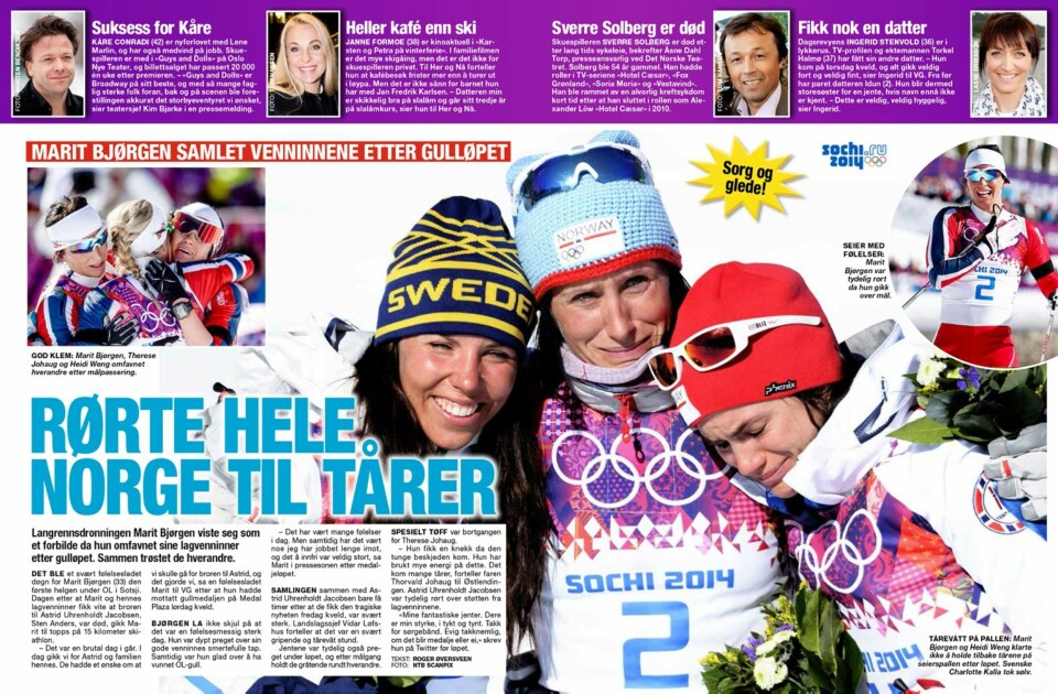 Gikk for Astrid: Marit Bjørgen og Heidi Weng tok gull og bronse etter den første øvelsen i Sotsji. På seierspallen greide de ikke å holde tårene tilbake. Therese Johaug ble nummer fire og ble omfavnet av lagvenninnene etter at hun kom i mål.