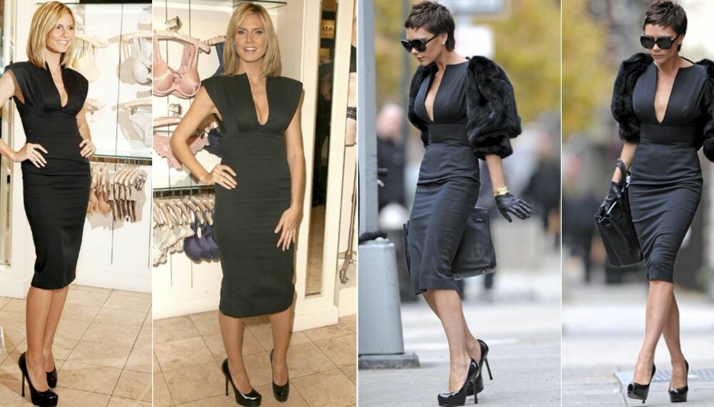 SAMME ANTREKK: Heidi Klum og Victoria Beckham har kledd seg i samme kjole og sko, men hvem av dem kler antrekket best?