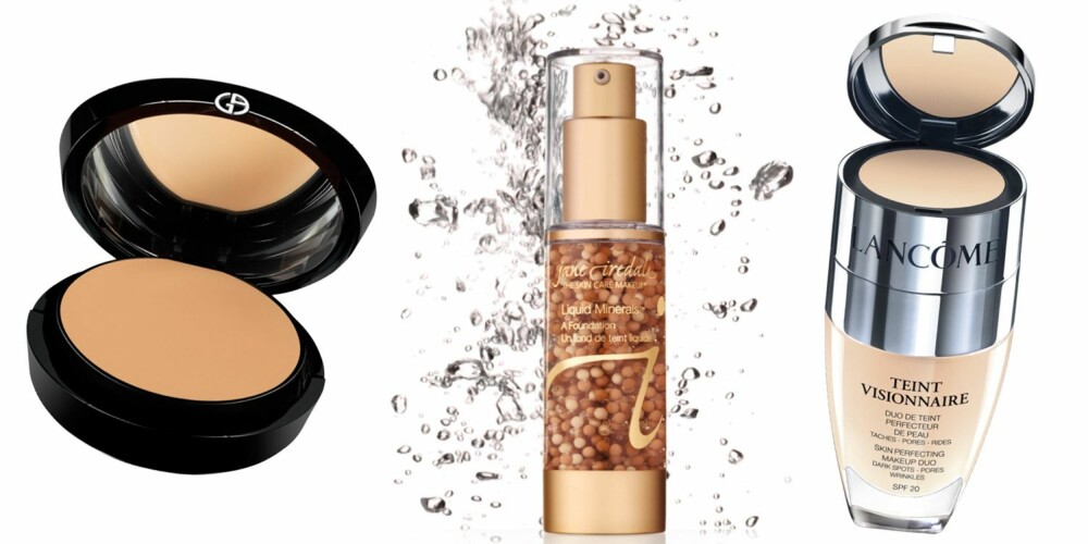 NORMAL HUD: Fra venstre: Giorgio Armani Maestro fusion makeup compact, SPF 29, kr 455. Jane Iredale liquid
minerals gir et naturlig resultat og pleie til huden,
kr 615. Lancôme Teint visionnaire skin perfecting makeup duo, kr 440.