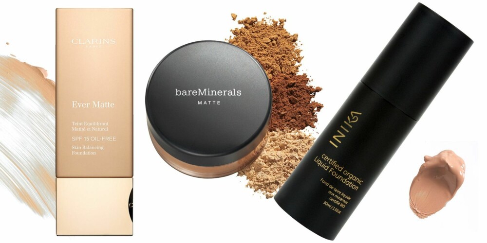 FET OG KOMBINERT HUD: Fra venstre: Clarins Ever matte SPF 15, oljefri foundation, kr 250. bareMinerals 100 % mineral
foundation, kr 460. Inika Liquid mineral foundation, kr 399.