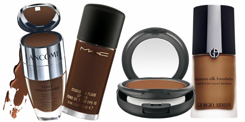 MØRKERE HUDNYANSER: Fra venstre: Lancôme Teint visionnaire
har en smart concealer i lokket, og passer til deg med normal hud. kr 440. MAC Studio fix fluid, SPF15, gir en naturlig, matt finish og har medium dekkevne. kr 255. MAC Studio fix powder foundation matter ned fete partier og gir full dekkevne. Er fin å ha i vesken og bruke til en quickfix i løpet av dagen. kr 225. Giorgio Armani Luminious silk foundation er en lett, oljefri foundation. Den dekker bra og passer godt til en litt fetere hudtype. kr 420.