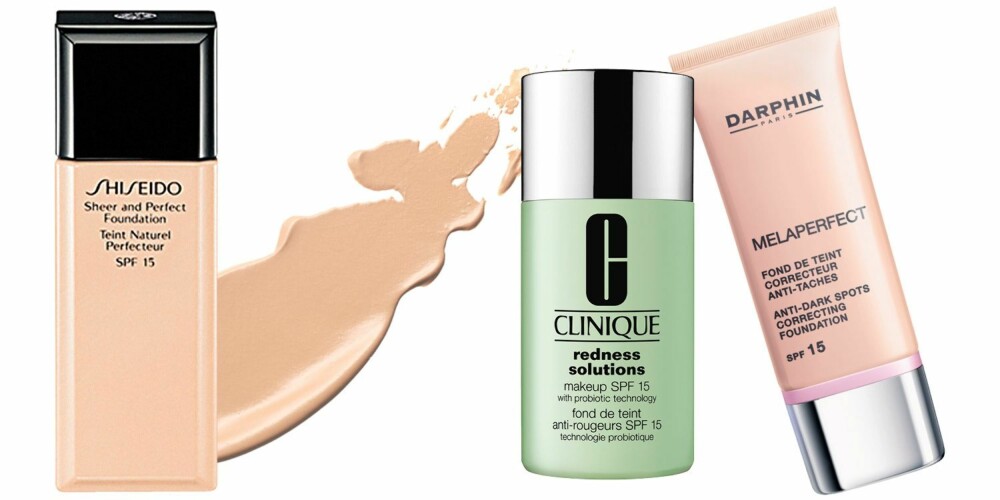 RØDE PARTIER ELLER PIGMENTFLEKKER: Fra venstre: Shiseido Sheer and perfect foundation, SPF 15, kr 375. Clinique Redness solutions makeup, SPF 15, kr 285. Darphin Melaperfect anti-dark spots correcting foundation, SPF 15, kr 339. RØDE PARTIER ELLER PIGMENTFLEKKER: Fra venstre: Shiseido Sheer and perfect foundation, SPF 15, kr 375. Clinique Redness solutions makeup, SPF 15, kr 285. Darphin Melaperfect anti-dark spots correcting foundation, SPF 15, kr 339.