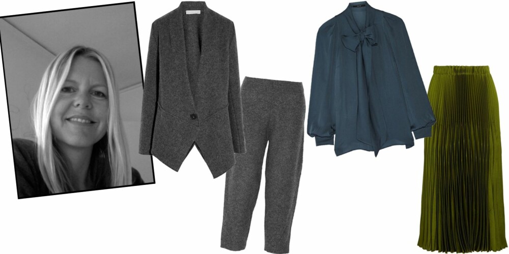 MARGRETHE GILBOES FAVORITTER (f.v.): Buksedress fra Stella McCartney/Net-a-porter.com, kr 9275 for blazeren og kr 7215 for buksen. Knytebluse fra Gucci/Net-a-porter.com, kr 8347. Maxiskjørt fra Gucci, kr 15.572. MARGRETHE GILBOES FAVORITTER (f.v.): Buksedress fra Stella McCartney/Net-a-porter.com, kr 9275 for blazeren og kr 7215 for buksen. Knytebluse fra Gucci/Net-a-porter.com, kr 8347. Maxiskjørt fra Gucci, kr 15.572.