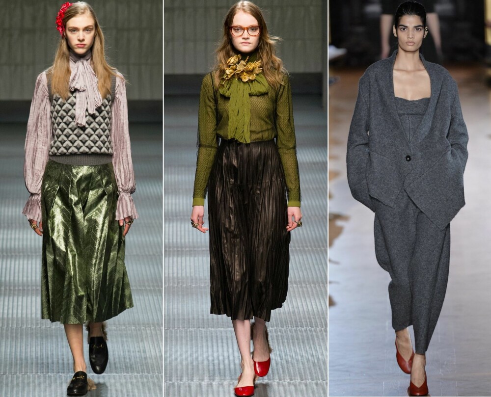 PÅ CATWALKEN: Gucci viste frem både knytebluser og maxiskjørt, mens Stella McCartney gikk for buksedresser. PÅ CATWALKEN: Gucci viste frem både knytebluser og maxiskjørt, mens Stella McCartney gikk for buksedresser.