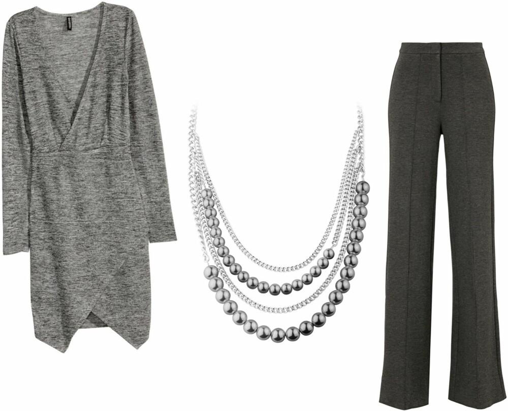BILLIGERE ALTERNATIVER (f.v.): Grå kjole fra H&M, kr 149. Smykke fra Dyrberg/Kern, kr 819. Bukse med høyt liv fra Gina Tricot, kr 499. BILLIGERE ALTERNATIVER (f.v.): Grå kjole fra H&M, kr 149. Smykke fra Dyrberg/Kern, kr 819. Bukse med høyt liv fra Gina Tricot, kr 499.