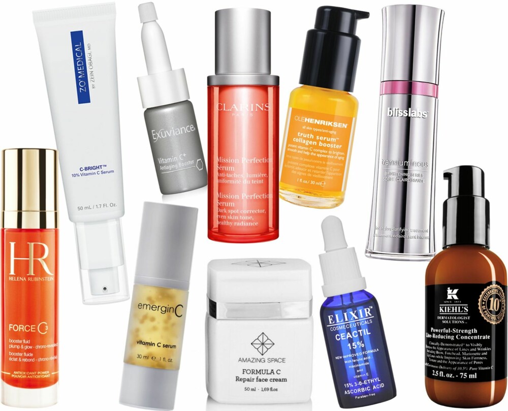 PRODUKTER SOM INNEHOLDER C-VITAMIN (f.v.): Helena Rubinstein Force C³, kr 1280 (i salg fra midten av oktober), Zo Medical C-Bright, kr 1400. EmerginC Vitamin C Serum, kr 699. Exuviance Vitamin C+, kr 599. Clarins Mission Perfection Serum, kr 545. Amazing Space Formula C, kr 549. Ole Henriksen Truth Serum Collagen Booster, kr 595. Elixir Ceactil 15%, kr 980. Blisslabs Intensive Clarifying Treatment 25% Vit. C, kr 1349. Khiel's Powerful-Strenght Line-Reducing Concentrate, kr 645. PRODUKTER SOM INNEHOLDER C-VITAMIN (f.v.): Helena Rubinstein Force C³, kr 1280 (i salg fra midten av oktober), Zo Medical C-Bright, kr 1400. EmerginC Vitamin C Serum, kr 699. Exuviance Vitamin C+, kr 599. Clarins Mission Perfection Serum, kr 545. Amazing Space Formula C, kr 549. Ole Henriksen Truth Serum Collagen Booster, kr 595. Elixir Ceactil 15%, kr 980. Blisslabs Intensive Clarifying Treatment 25% Vit. C, kr 1349. Khiel's Powerful-Strenght Line-Reducing Concentrate, kr 645.